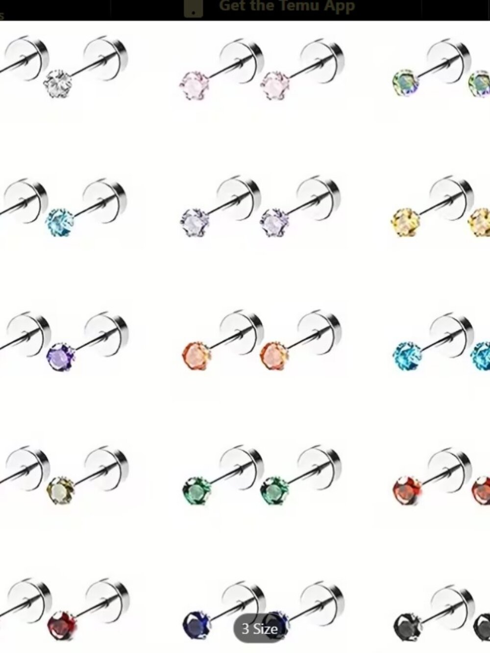 Stainless Steel CZ Stud Earrings Set 15 Pair Colorful 2mm Crystal Rhinestone